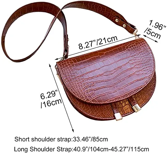 Half Moon Crocodile Coffee Brown Crossbody Wide Strap Bag