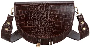 Half Moon Crocodile Coffee Brown Crossbody Wide Strap Bag