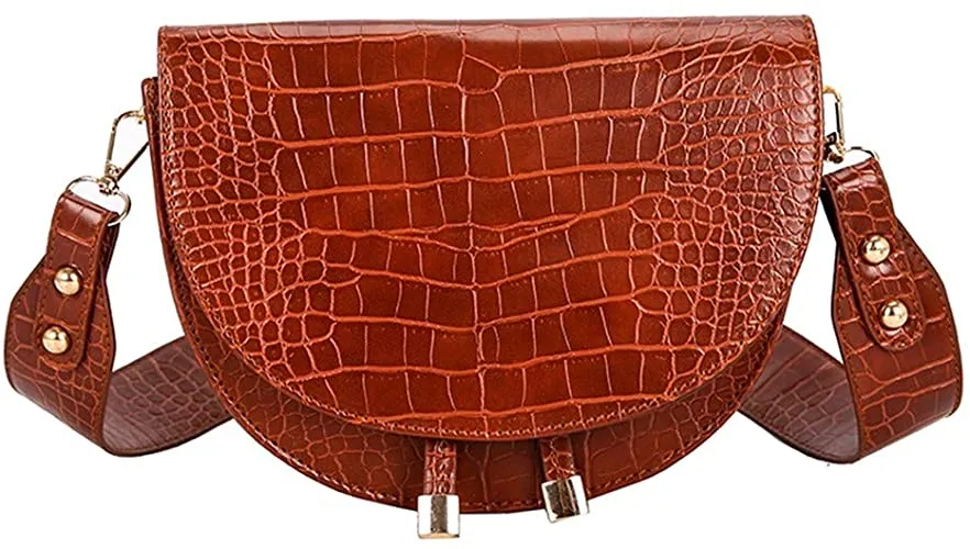 Half Moon Crocodile Coffee Brown Crossbody Wide Strap Bag