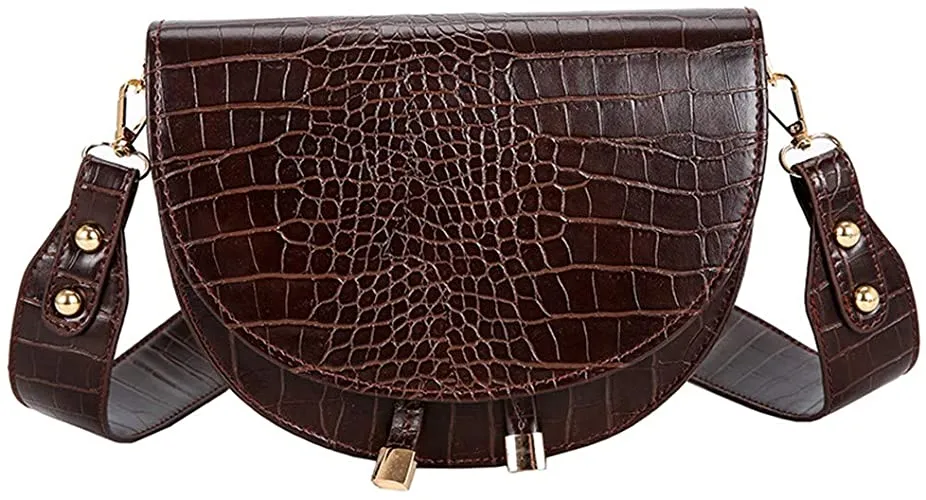 Half Moon Crocodile Coffee Brown Crossbody Wide Strap Bag