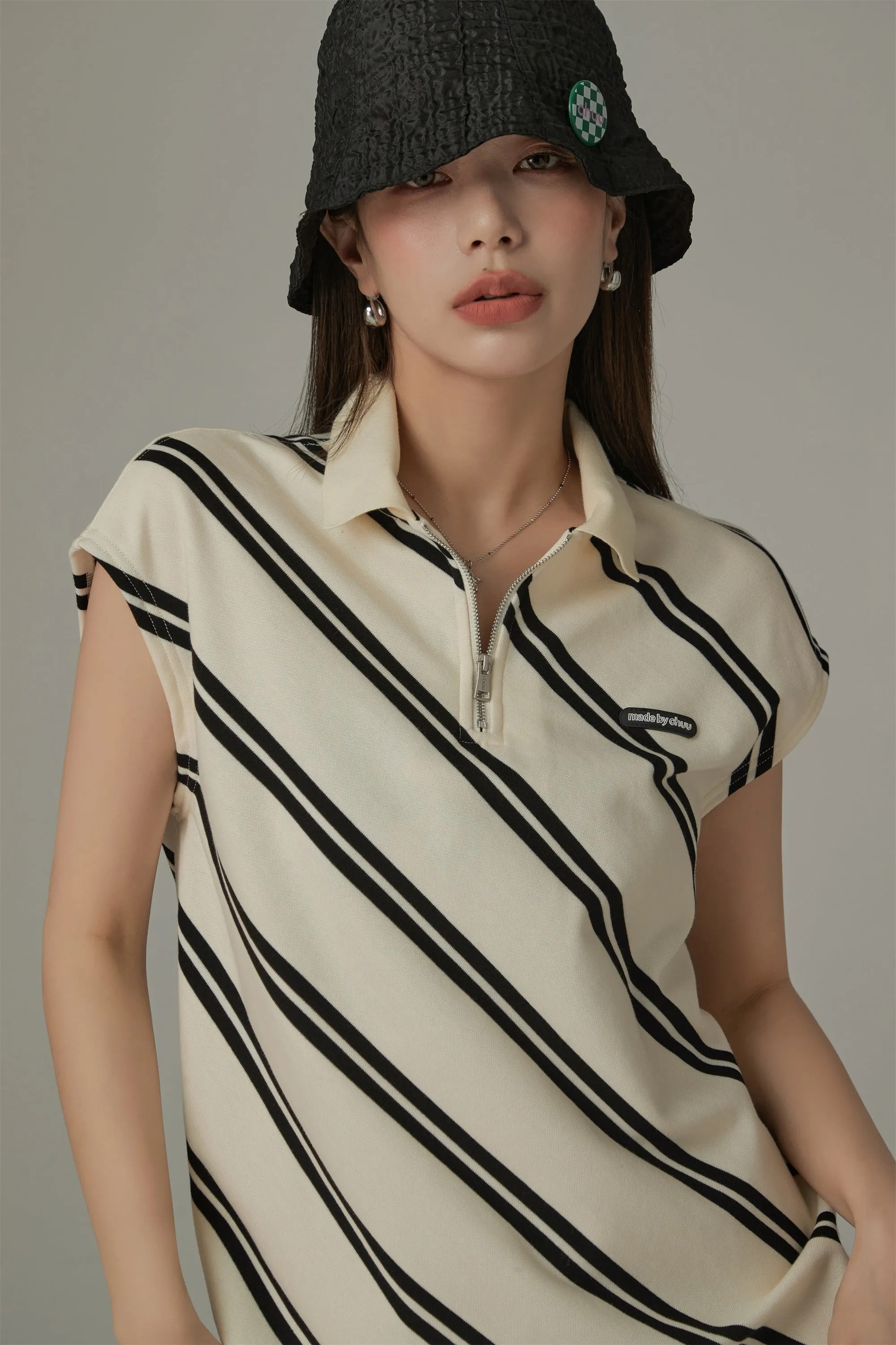 Half Zip Collar Diagonal Line Mini Dress