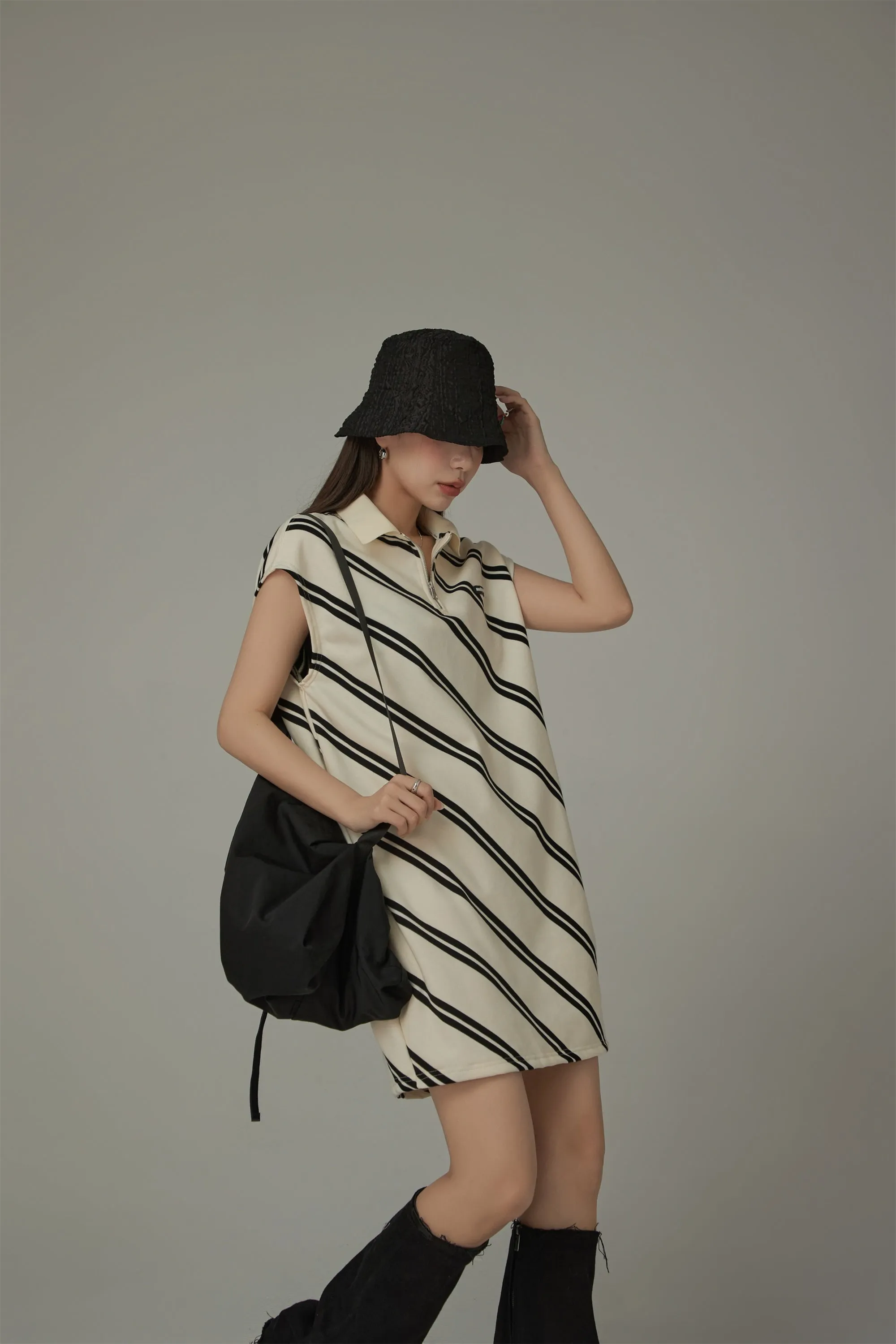 Half Zip Collar Diagonal Line Mini Dress