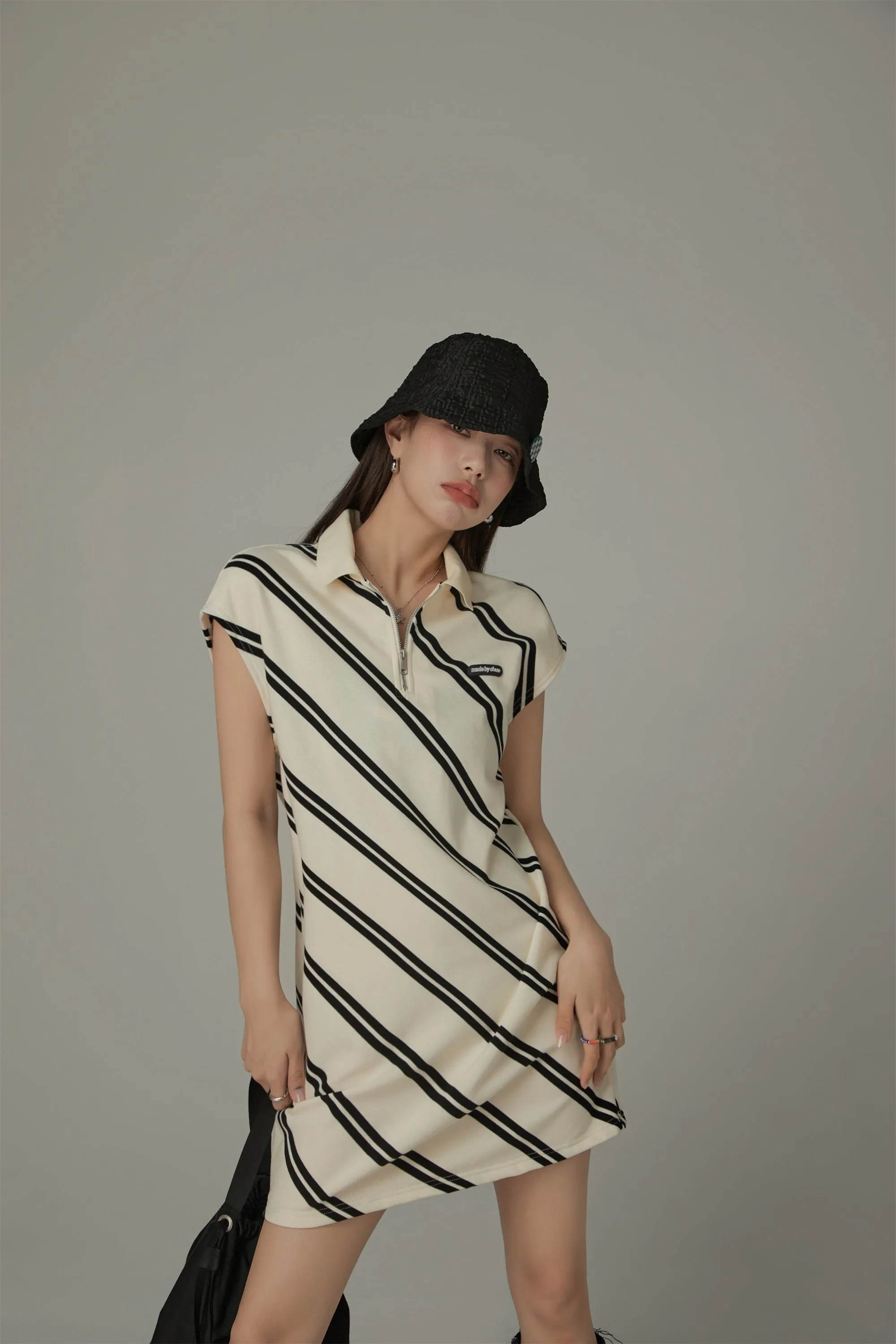 Half Zip Collar Diagonal Line Mini Dress