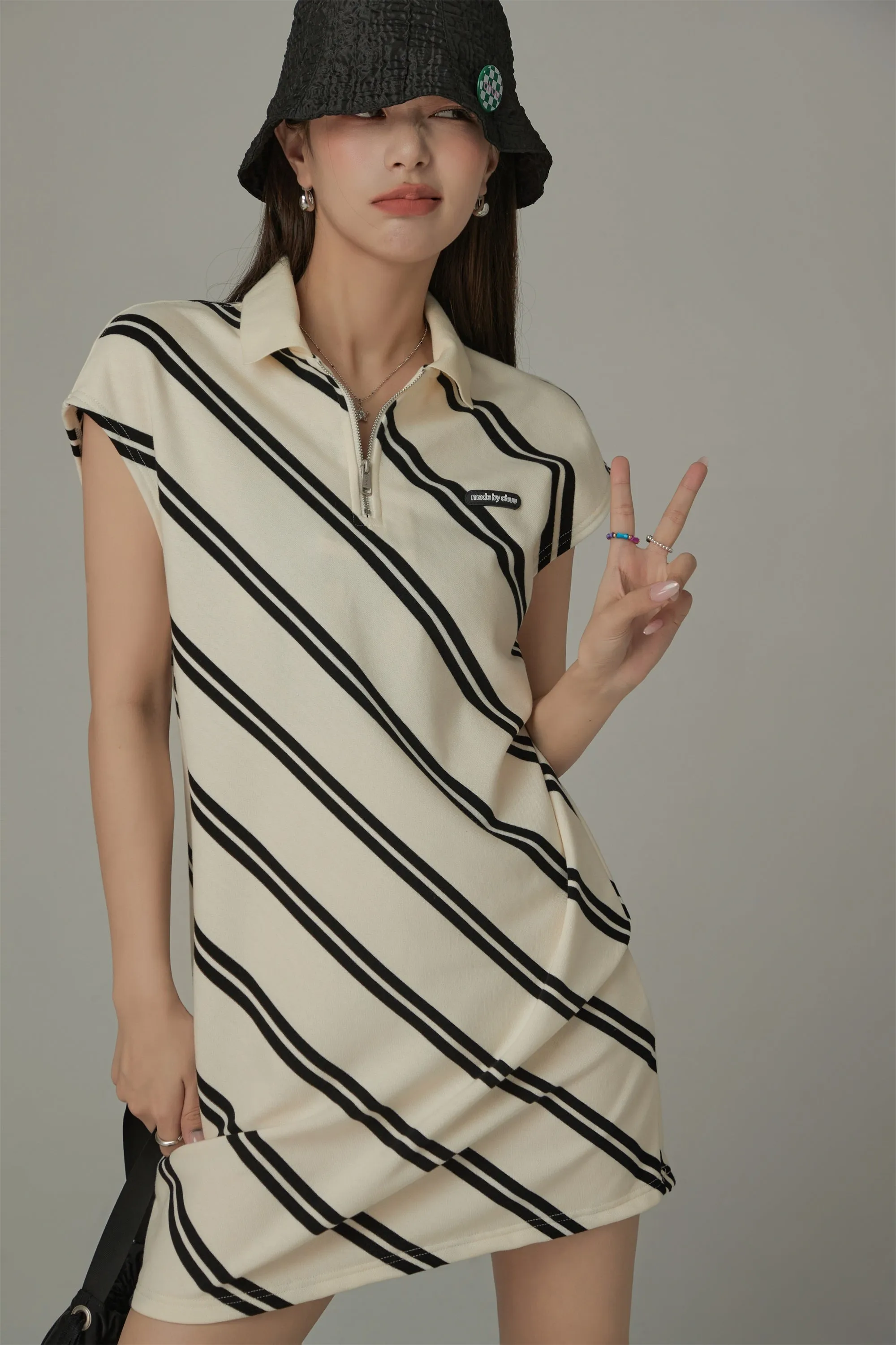 Half Zip Collar Diagonal Line Mini Dress