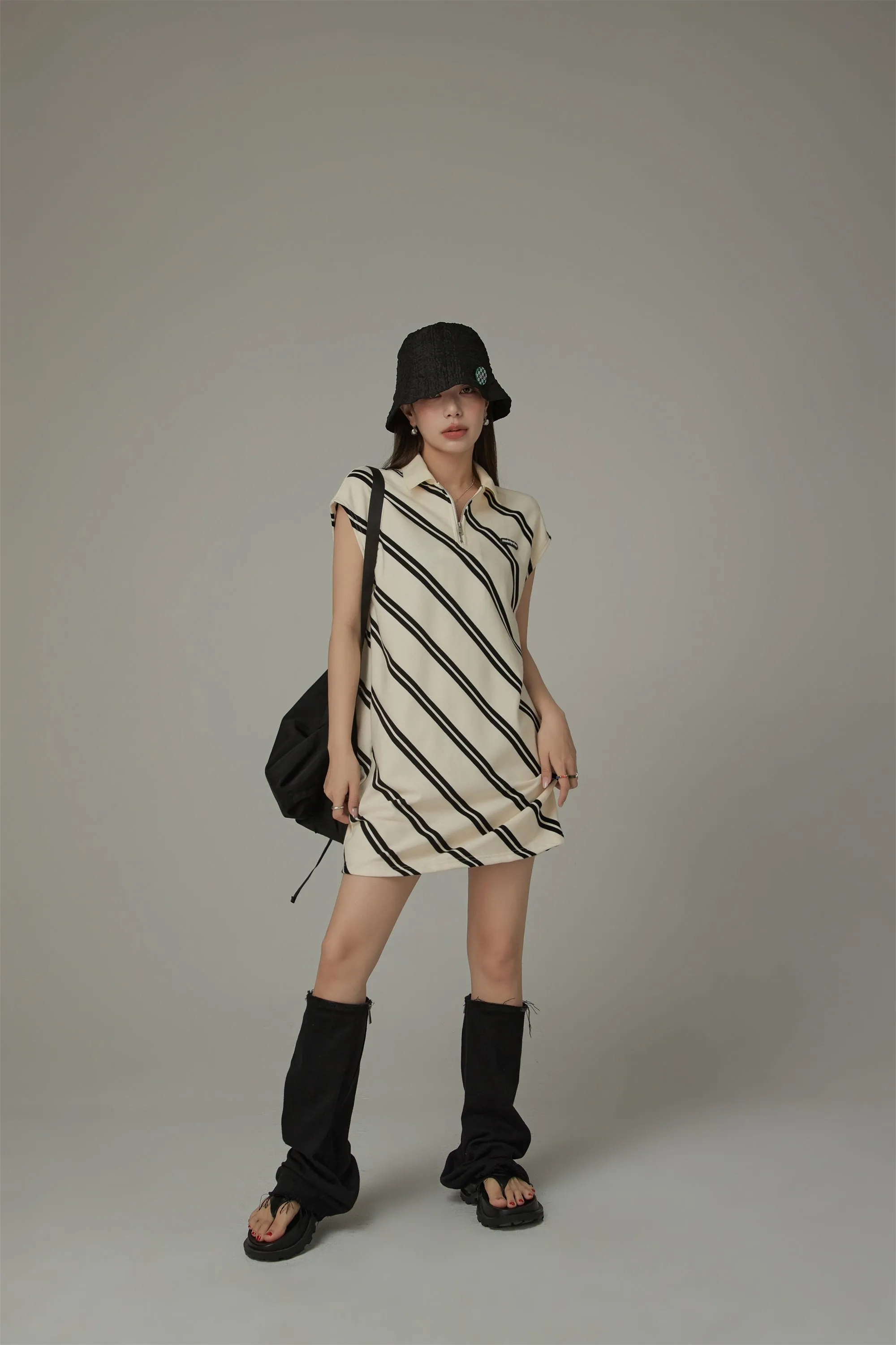 Half Zip Collar Diagonal Line Mini Dress