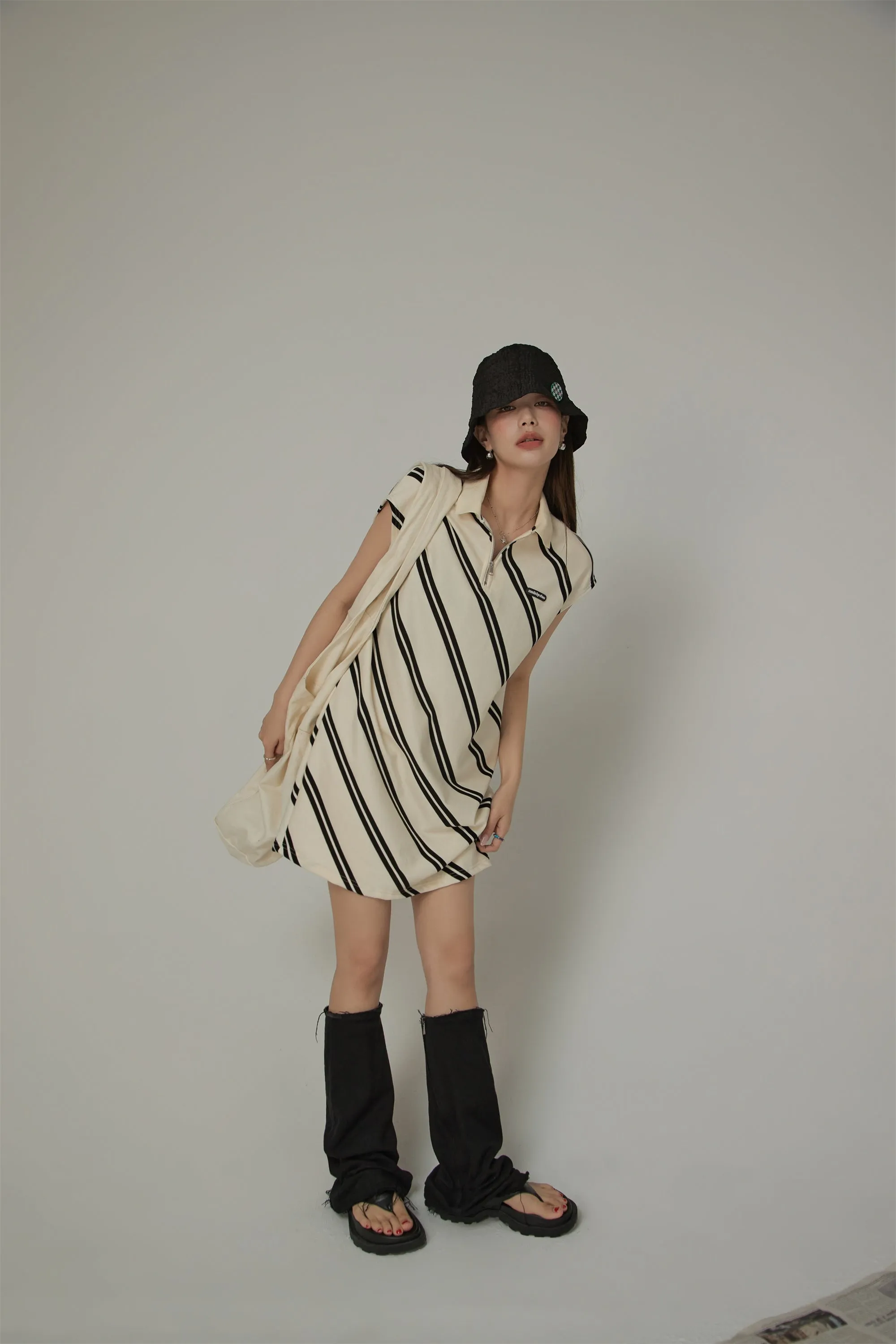 Half Zip Collar Diagonal Line Mini Dress