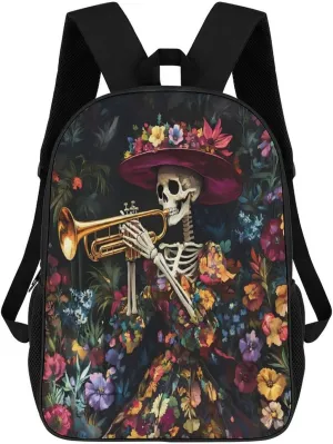 Halloween Gothic Skull Plays Trumpet Travel Backpack 17 Inch Laptop Bag Carry On Backpack Casual Daypack for Weekender Business Hiking