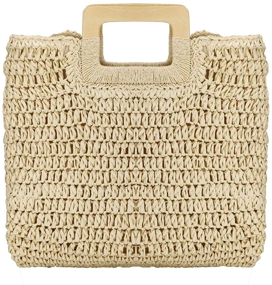 Hand Woven Beige Straw Tote Beach Bag with Lining Pockets