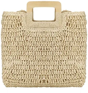 Hand Woven Beige Straw Tote Beach Bag with Lining Pockets