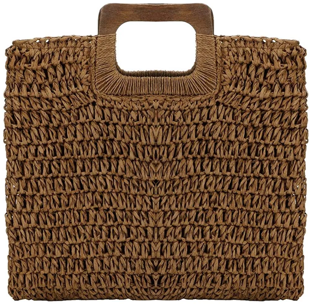 Hand Woven Deep Coffee Straw Tote Beach Bag with Lining Pockets