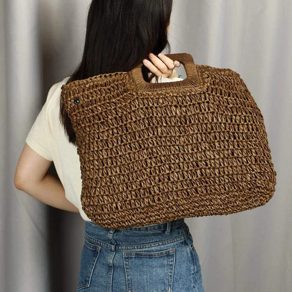 Hand Woven Deep Coffee Straw Tote Beach Bag with Lining Pockets