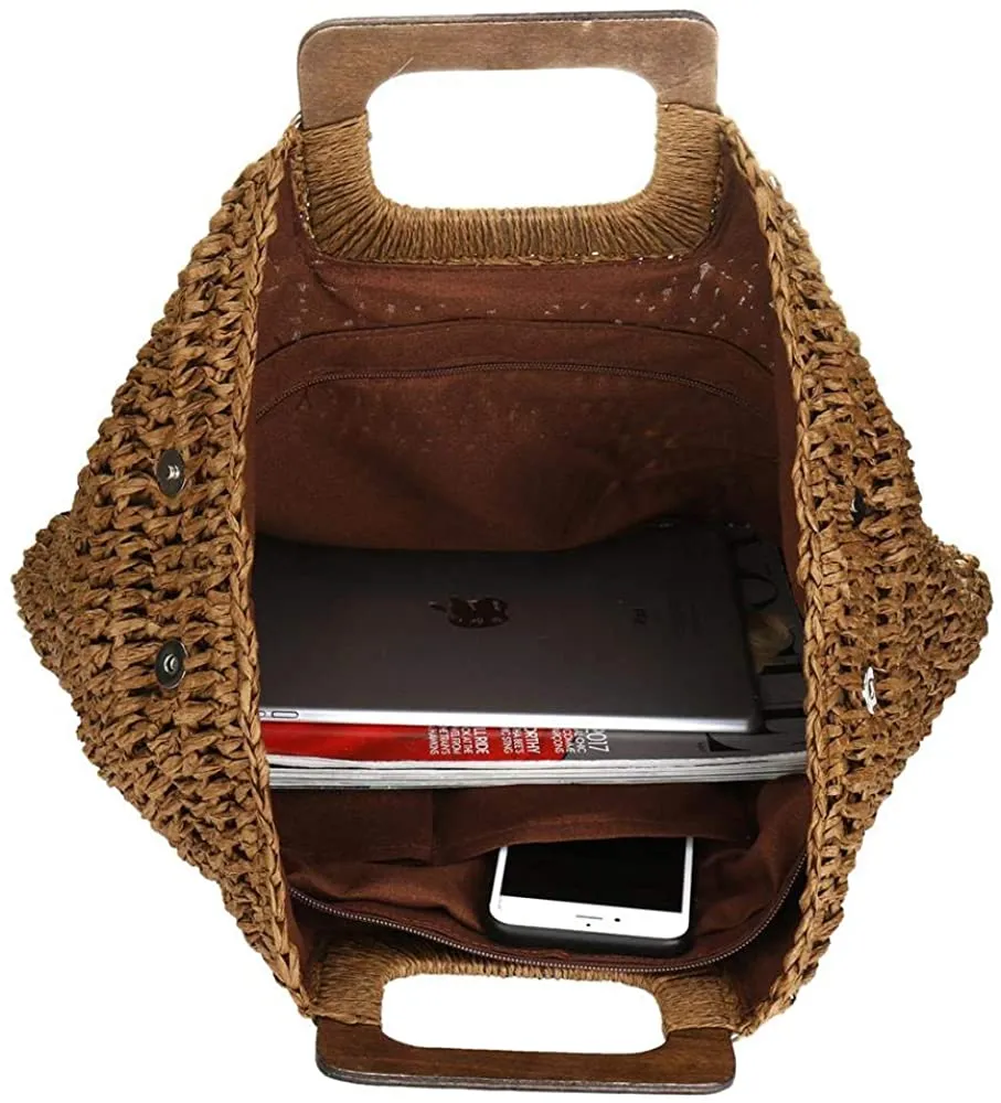 Hand Woven Deep Coffee Straw Tote Beach Bag with Lining Pockets