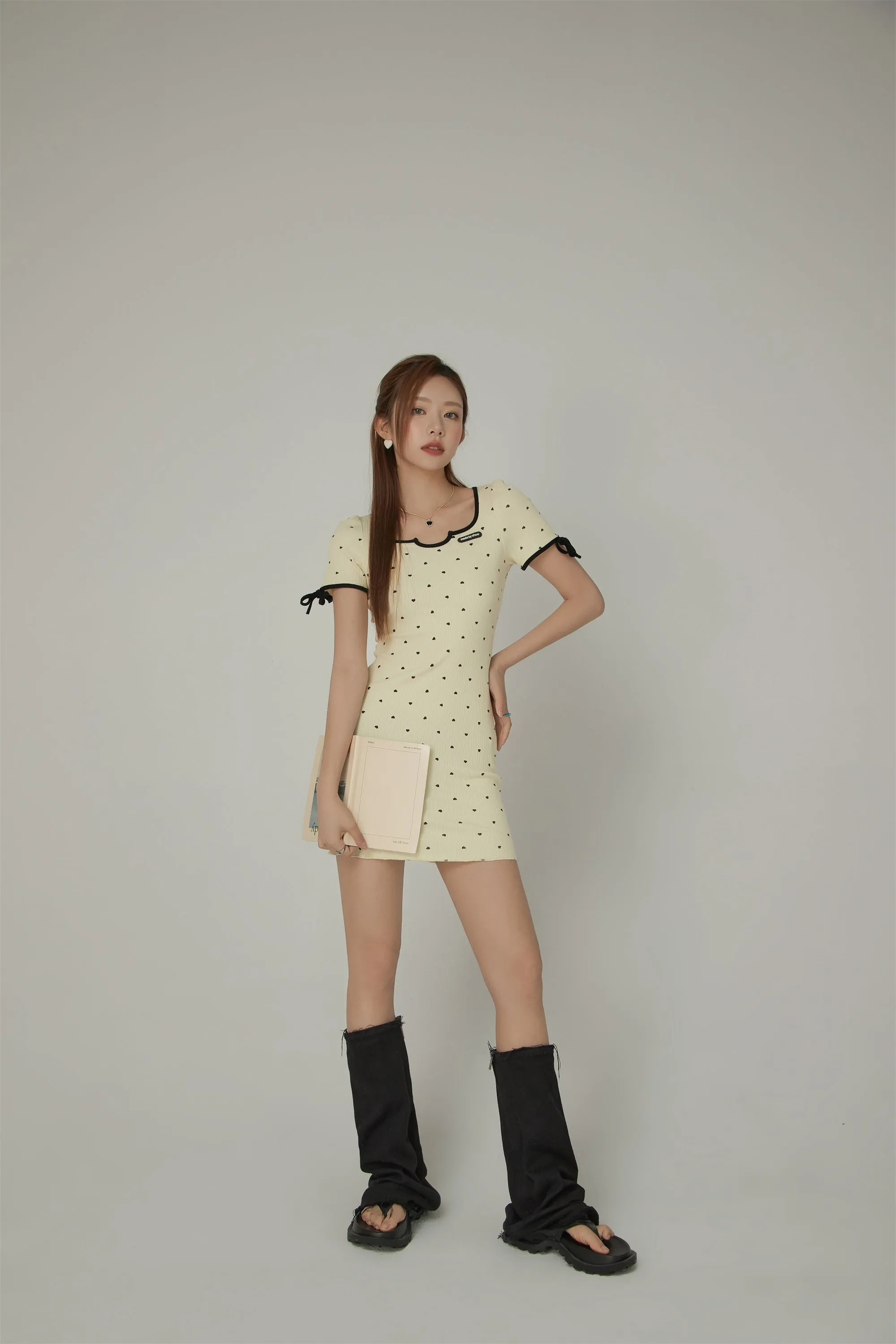 Heart Dot Patten Ribbon Sleeves Mini Dress