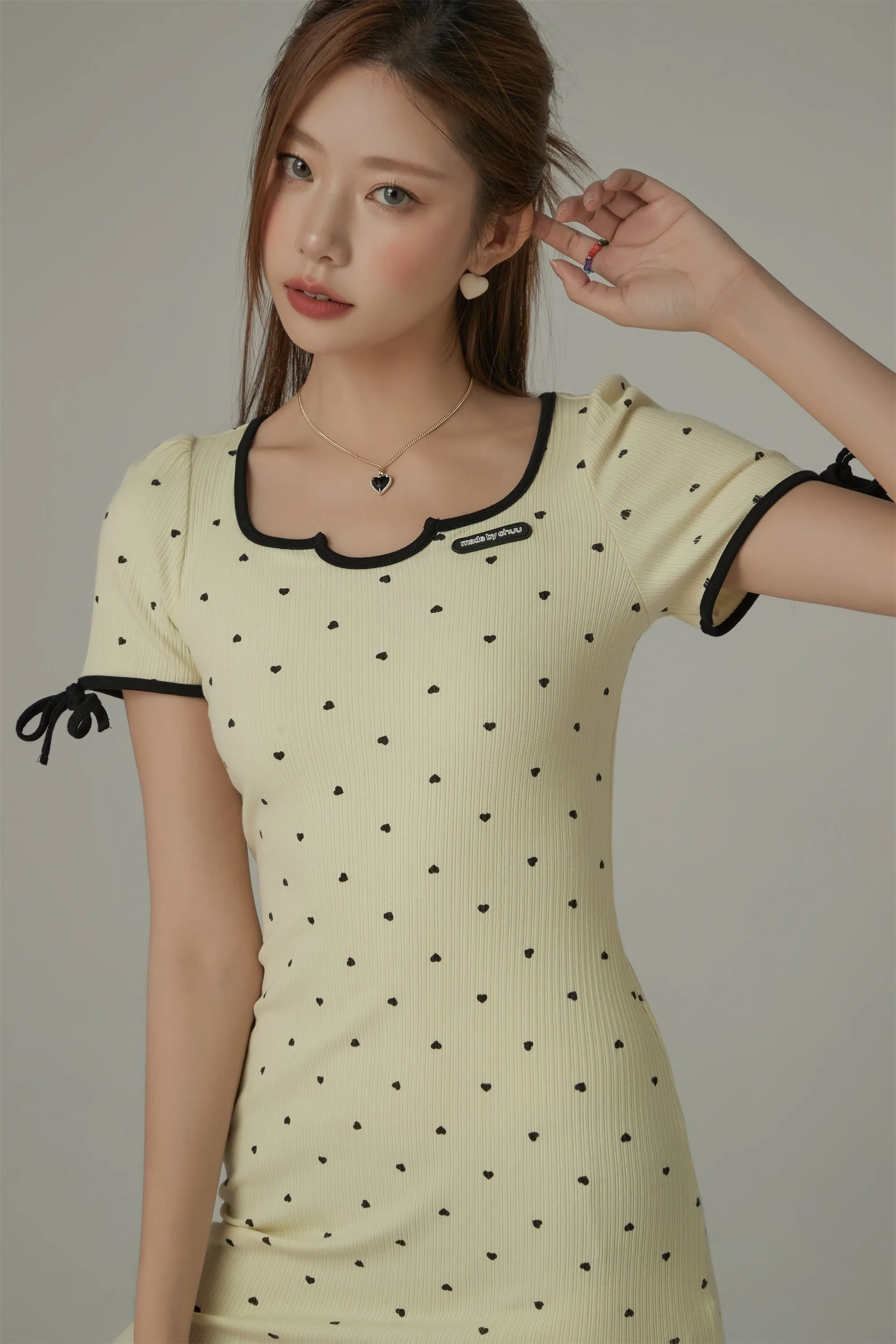 Heart Dot Patten Ribbon Sleeves Mini Dress
