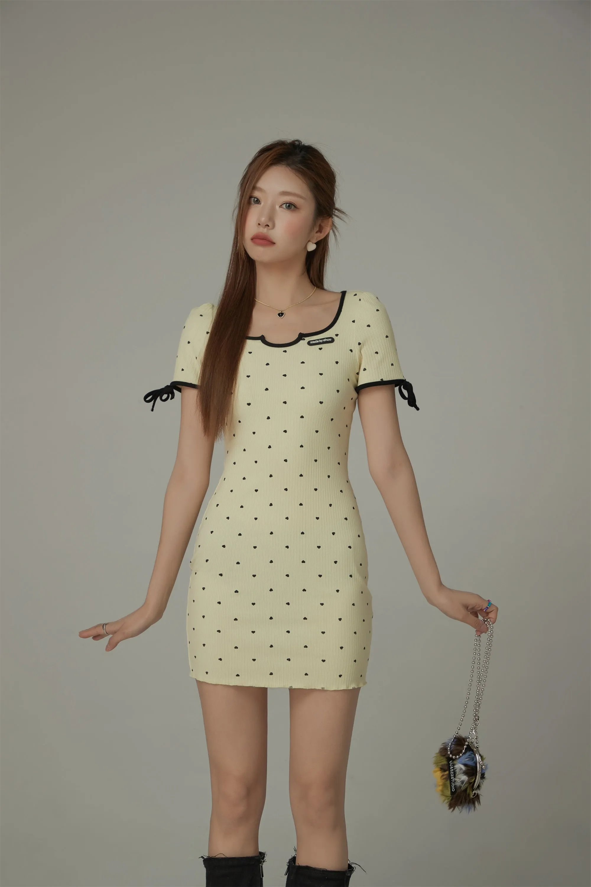Heart Dot Patten Ribbon Sleeves Mini Dress