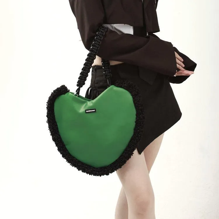 Heart fluffy contrast plaid shoulder handbag