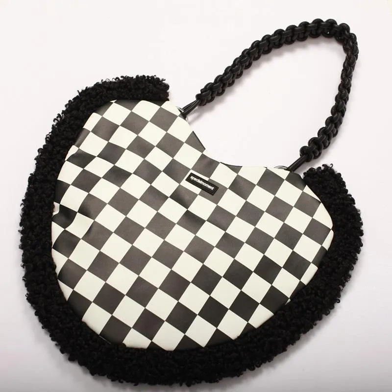 Heart fluffy contrast plaid shoulder handbag