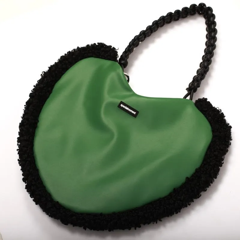 Heart fluffy contrast plaid shoulder handbag