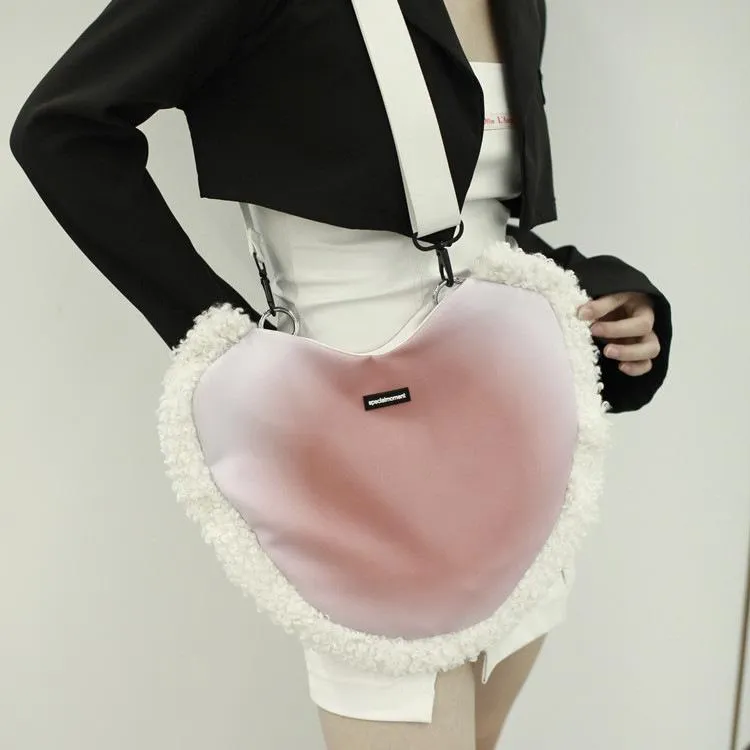 Heart fluffy contrast plaid shoulder handbag