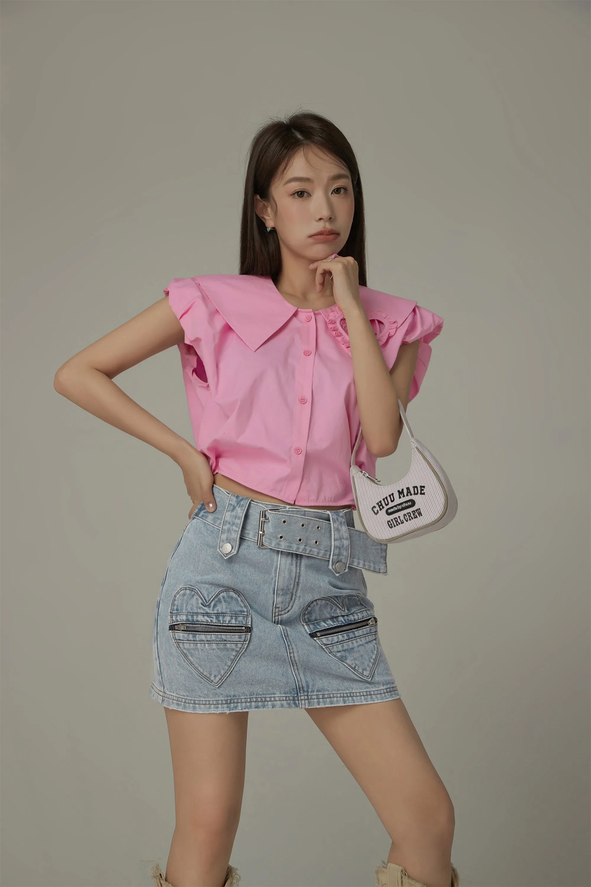 Heart Pocket Belt Denim Mini Skirt