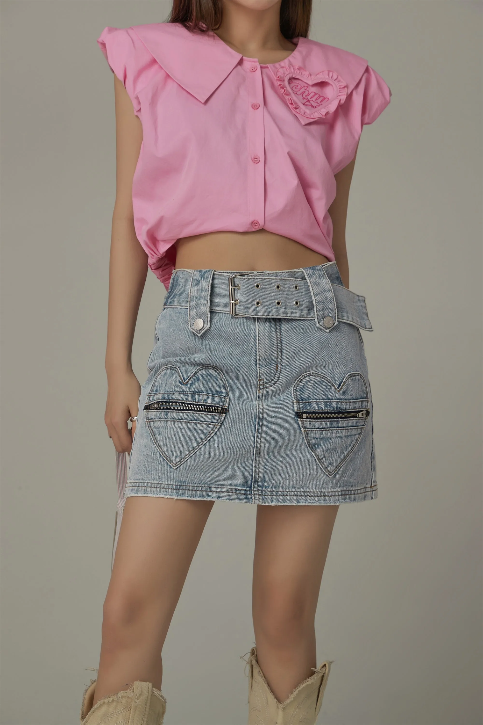 Heart Pocket Belt Denim Mini Skirt