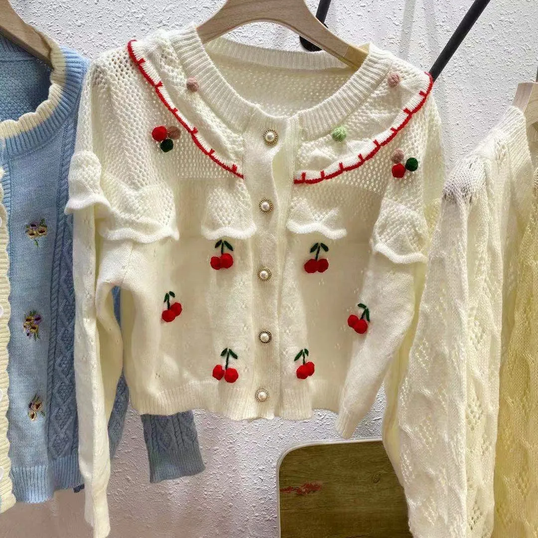 Heavy handmade Japanese Style Cherry Hollow design Jacquard Cardigan Knitwear Short Sweater Top