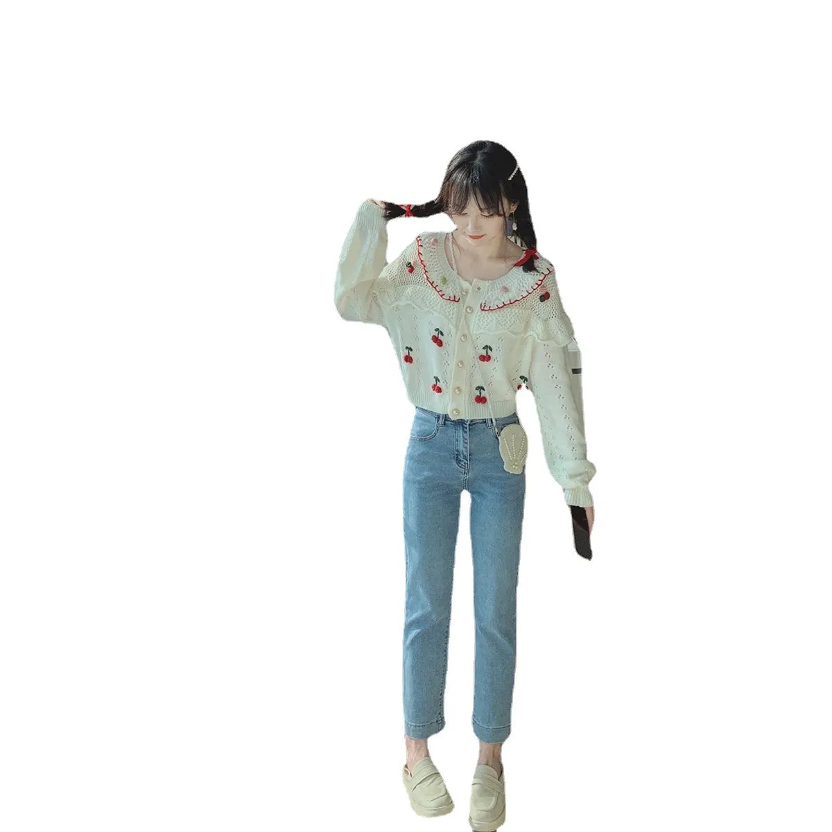 Heavy handmade Japanese Style Cherry Hollow design Jacquard Cardigan Knitwear Short Sweater Top