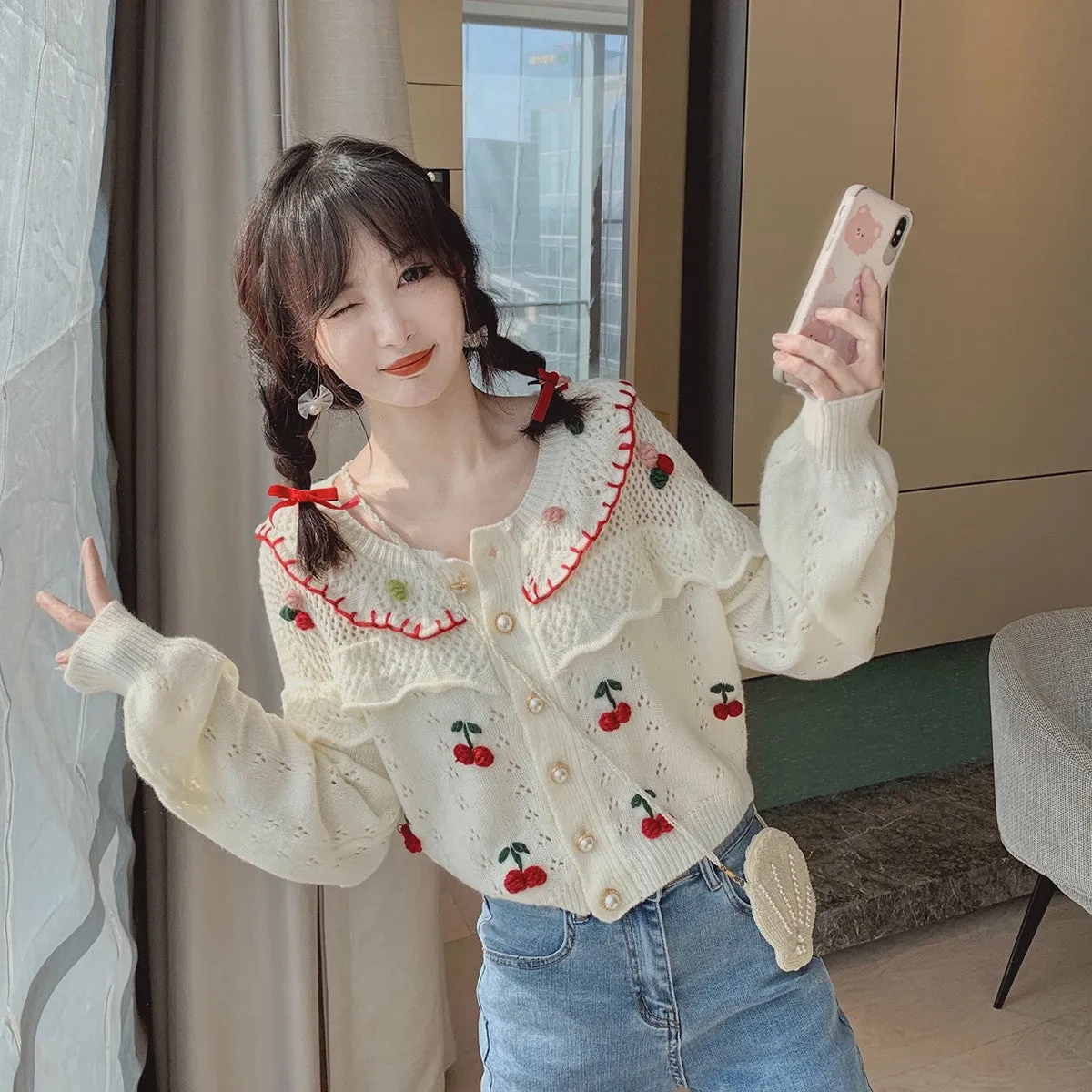 Heavy handmade Japanese Style Cherry Hollow design Jacquard Cardigan Knitwear Short Sweater Top