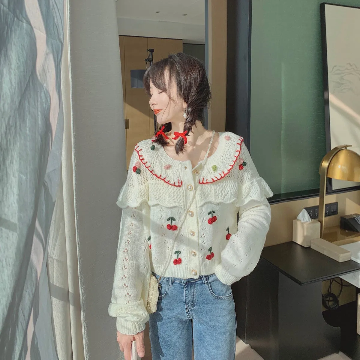 Heavy handmade Japanese Style Cherry Hollow design Jacquard Cardigan Knitwear Short Sweater Top