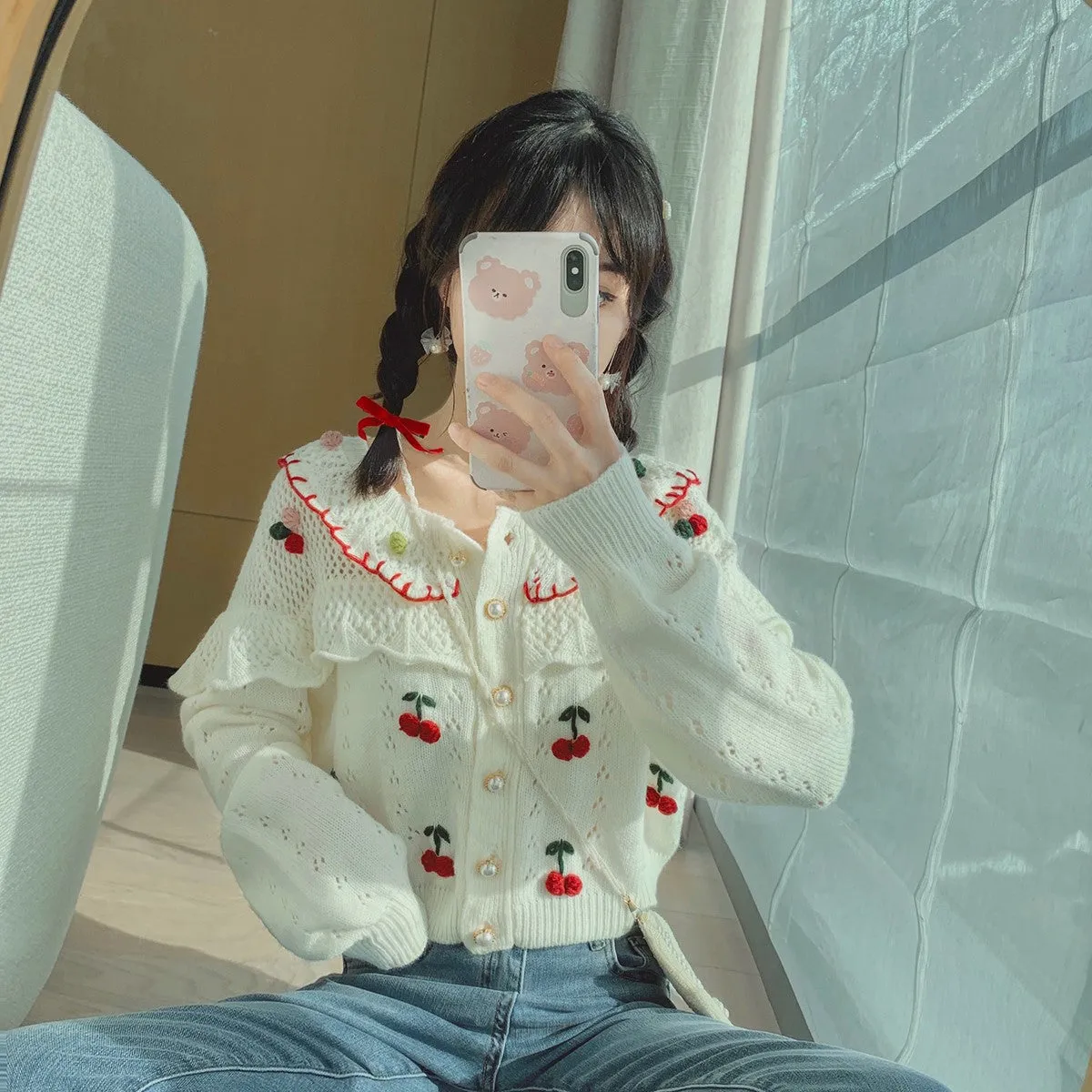 Heavy handmade Japanese Style Cherry Hollow design Jacquard Cardigan Knitwear Short Sweater Top