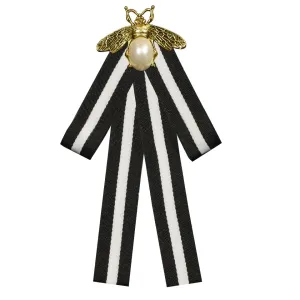 High-grade Retro Black and White Striped Fabric Bow Tie Brooch