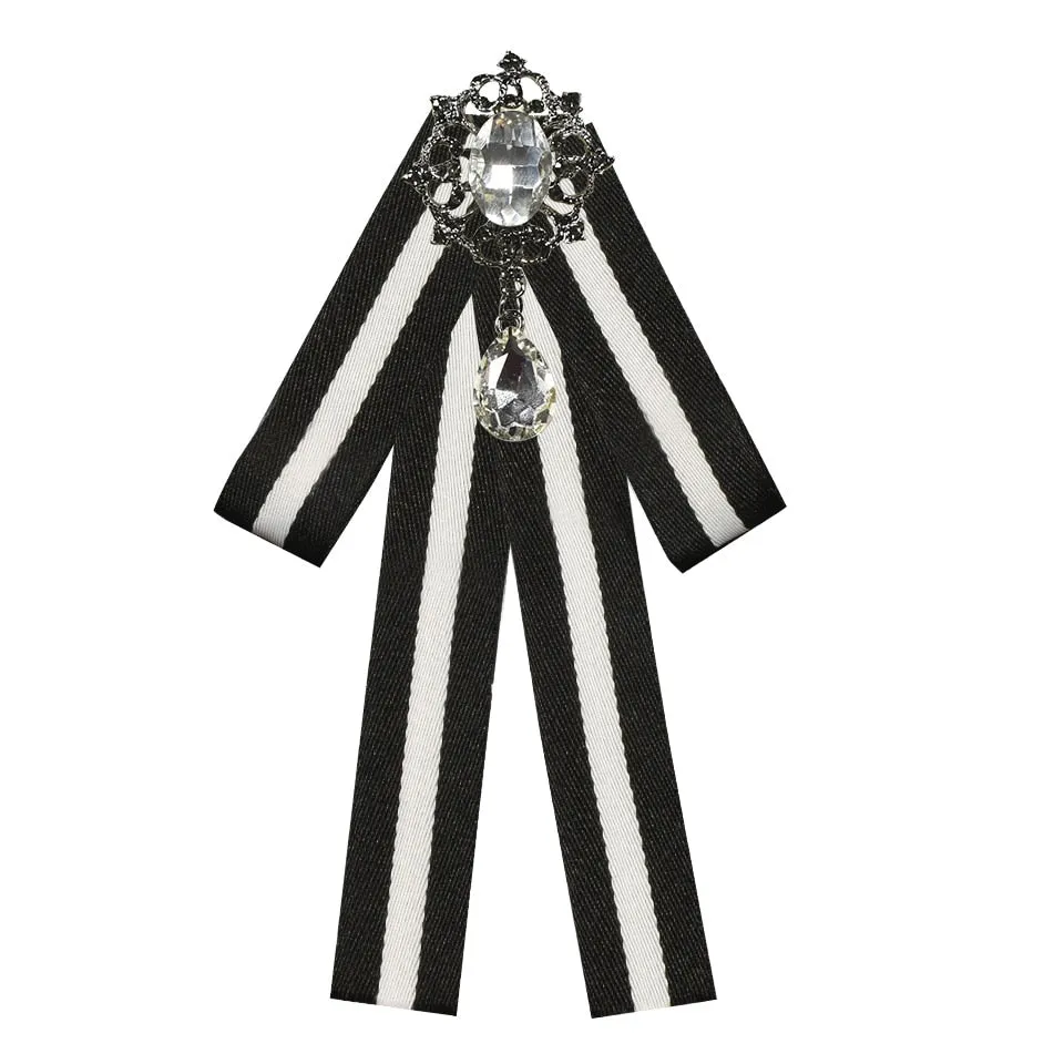 High-grade Retro Black and White Striped Fabric Bow Tie Brooch