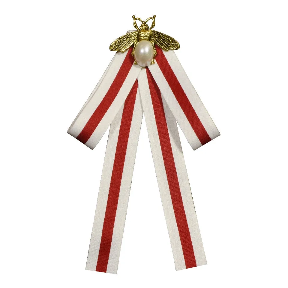 High-grade Retro Black and White Striped Fabric Bow Tie Brooch
