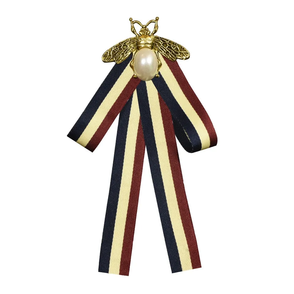 High-grade Retro Black and White Striped Fabric Bow Tie Brooch
