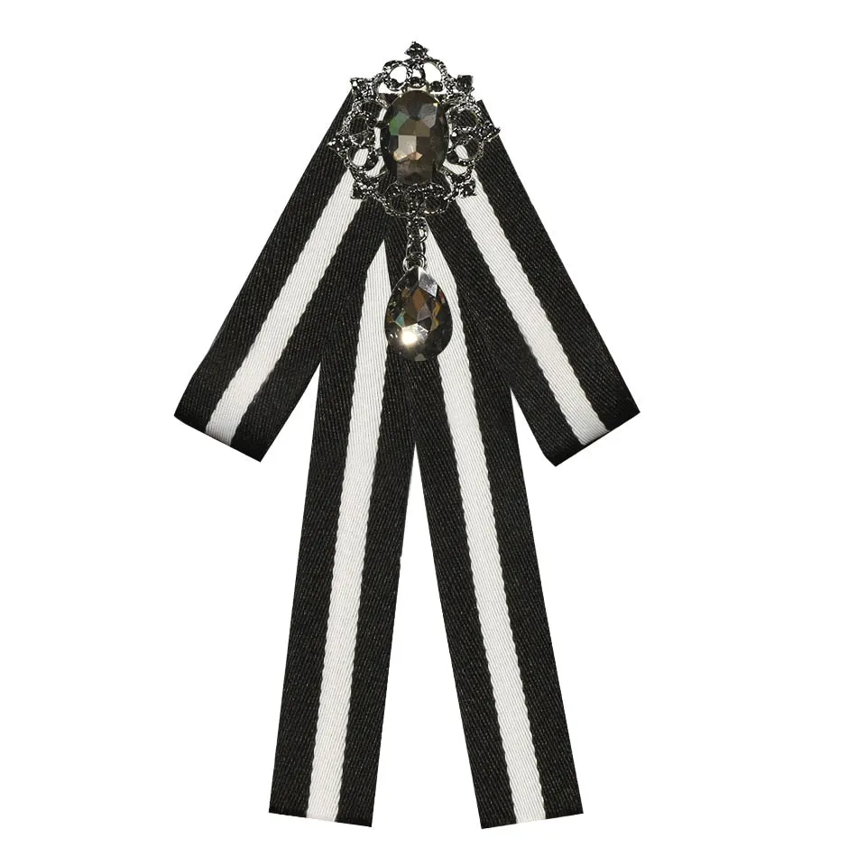 High-grade Retro Black and White Striped Fabric Bow Tie Brooch