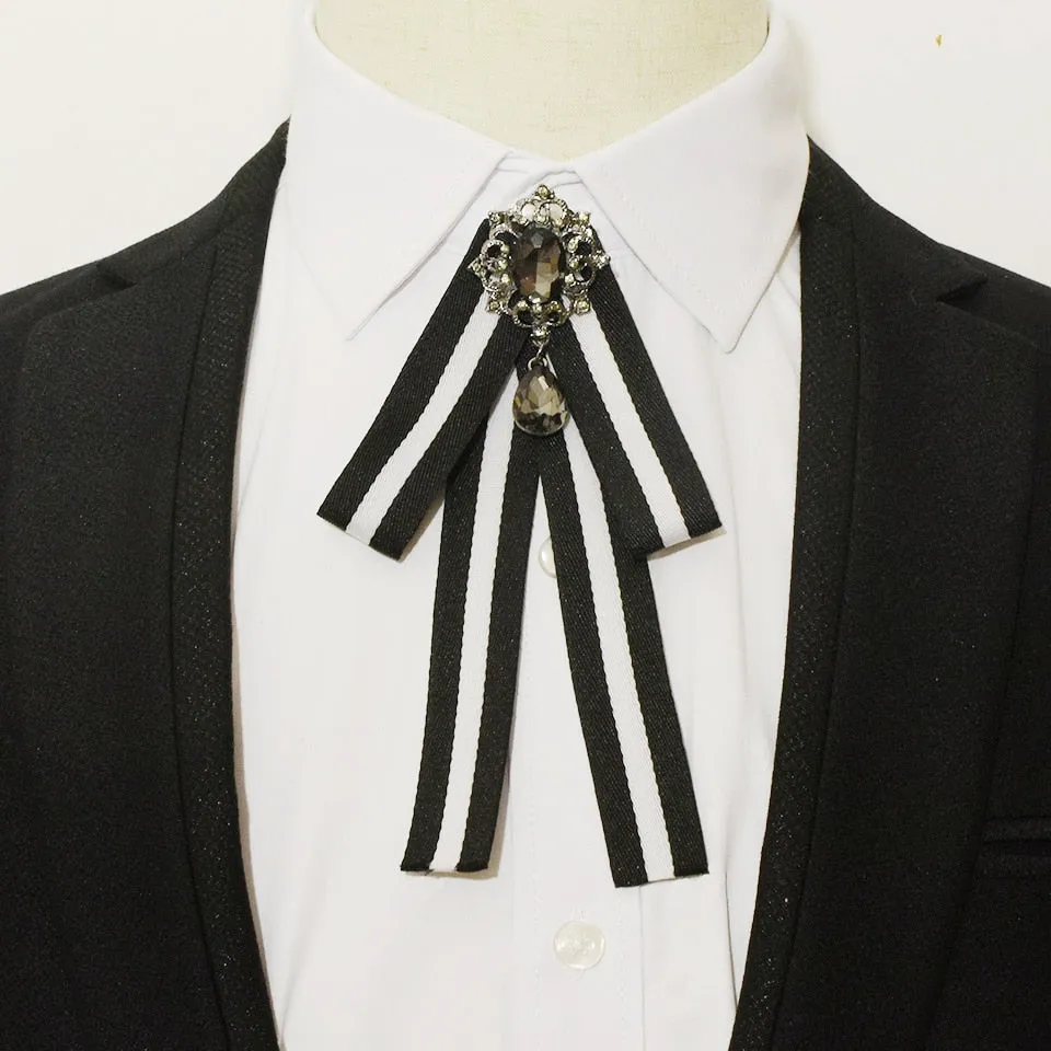 High-grade Retro Black and White Striped Fabric Bow Tie Brooch