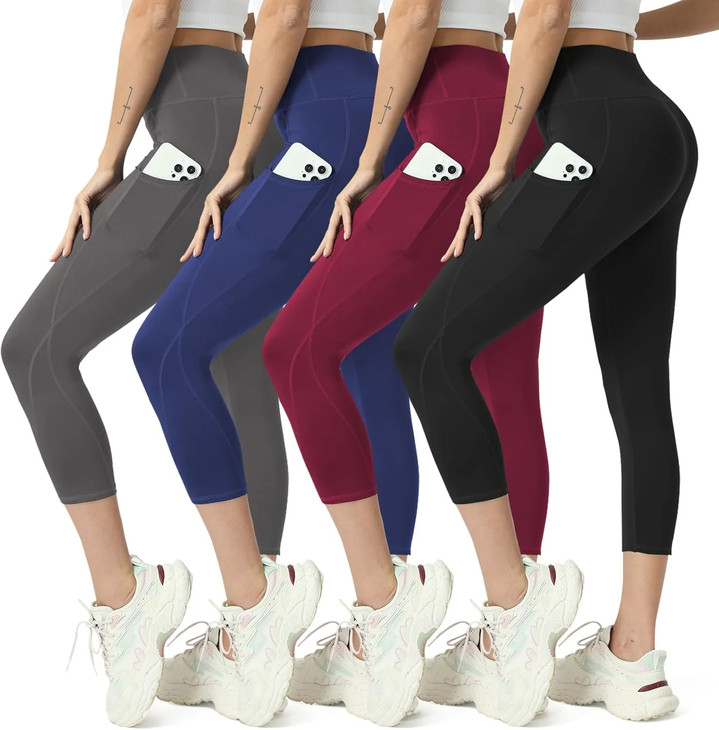 High Waisted Yoga Leggings for Women 4 Pack - Tummy Control Workout Capris with Pockets
