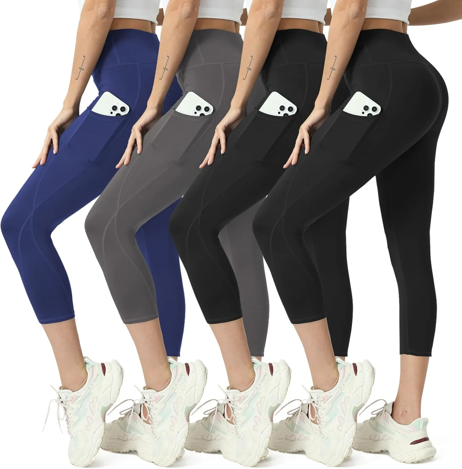 High Waisted Yoga Leggings for Women 4 Pack - Tummy Control Workout Capris with Pockets