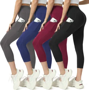 High Waisted Yoga Leggings for Women 4 Pack - Tummy Control Workout Capris with Pockets