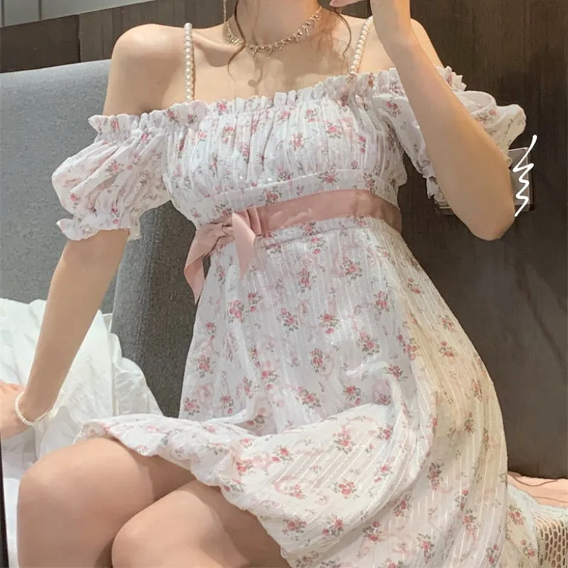 Hnzxzm Floral Strap Fairy Dress Women French Sweet Princess Holiday Party Dress Female Summer Casual Beach Sexy Mini Dress Korean