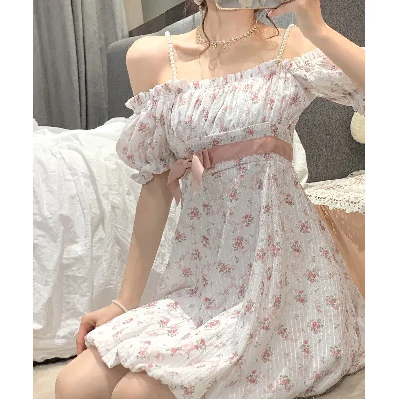 Hnzxzm Floral Strap Fairy Dress Women French Sweet Princess Holiday Party Dress Female Summer Casual Beach Sexy Mini Dress Korean