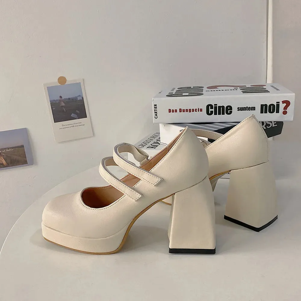 Hnzxzm One Line High Heel Single Shoe Korean Version Versatile Thick Heel Square Toe French Retro Fashion