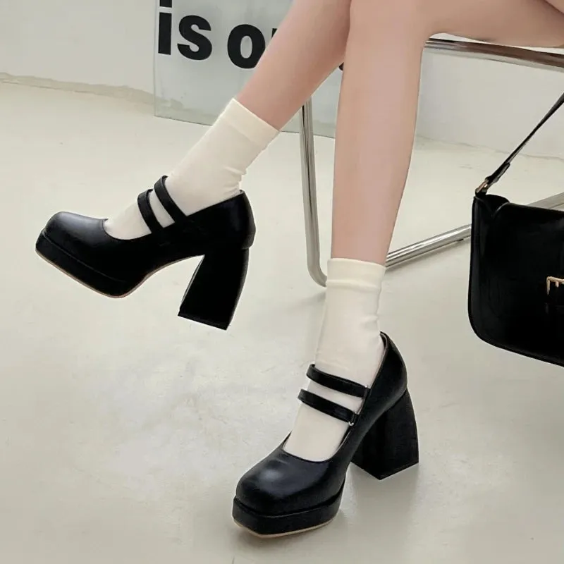 Hnzxzm One Line High Heel Single Shoe Korean Version Versatile Thick Heel Square Toe French Retro Fashion