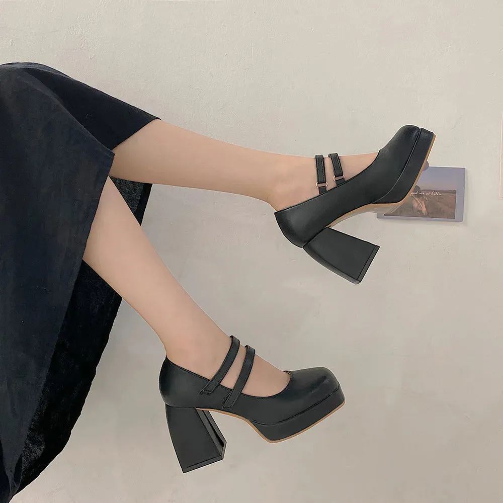 Hnzxzm One Line High Heel Single Shoe Korean Version Versatile Thick Heel Square Toe French Retro Fashion