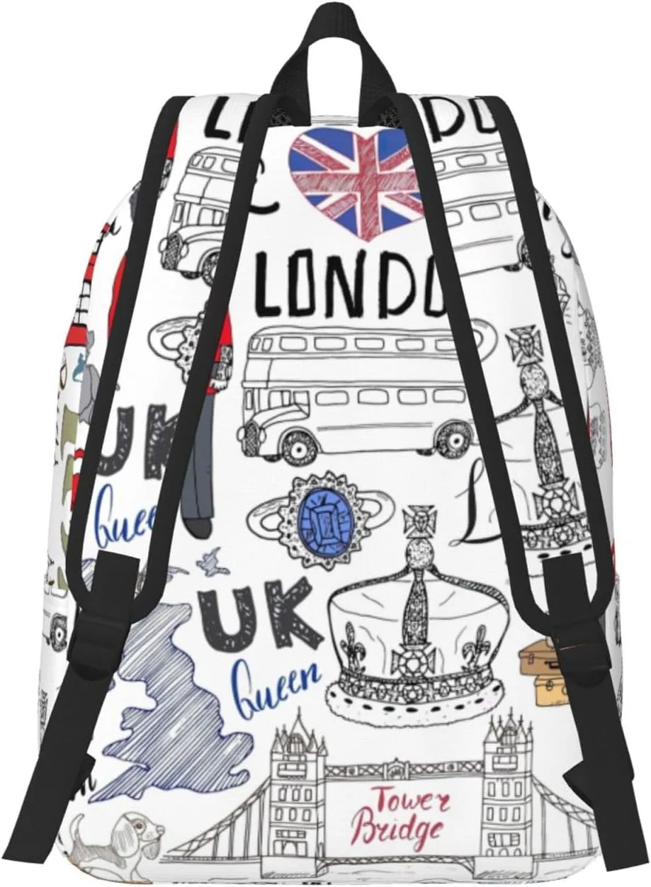 I Love London Print Canvas Backpack Women,Mens Travel Casual Daypack Bookbag For Laptop Work Travel Hiking