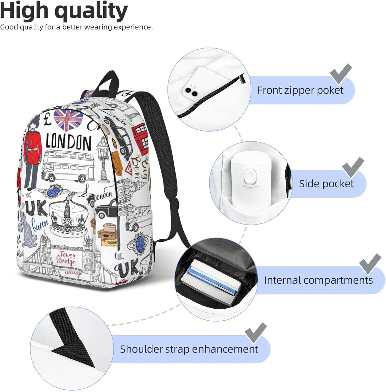 I Love London Print Canvas Backpack Women,Mens Travel Casual Daypack Bookbag For Laptop Work Travel Hiking