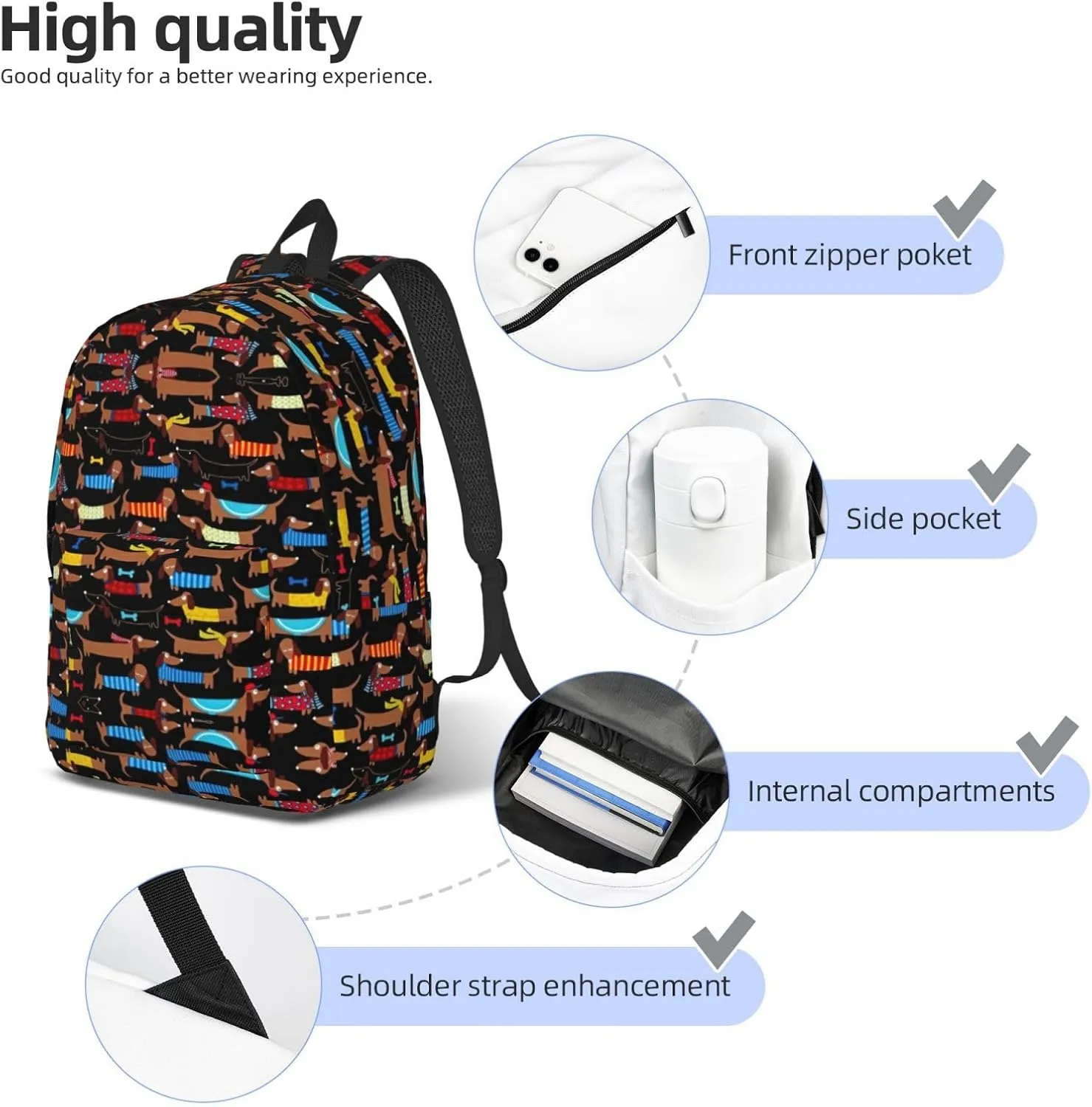 I Love My Dog Dachshunds Print Canvas Backpack Women,Mens Travel Casual Daypack Bookbag For Laptop Work Travel Hiking