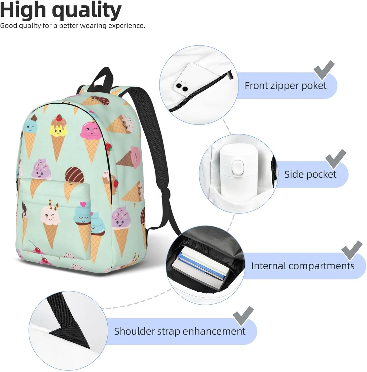 Ice Cream Cones Print Canvas Backpack Women,Mens Travel Casual Daypack Bookbag For Laptop Work Travel Hiking