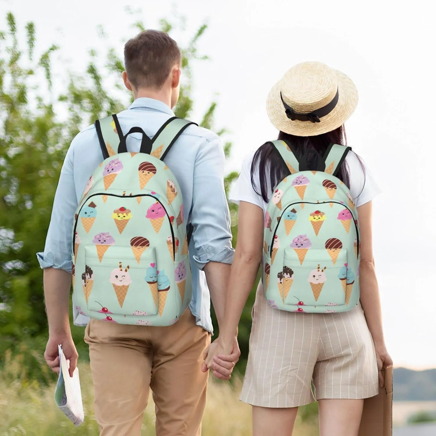 Ice Cream Cones Print Canvas Backpack Women,Mens Travel Casual Daypack Bookbag For Laptop Work Travel Hiking