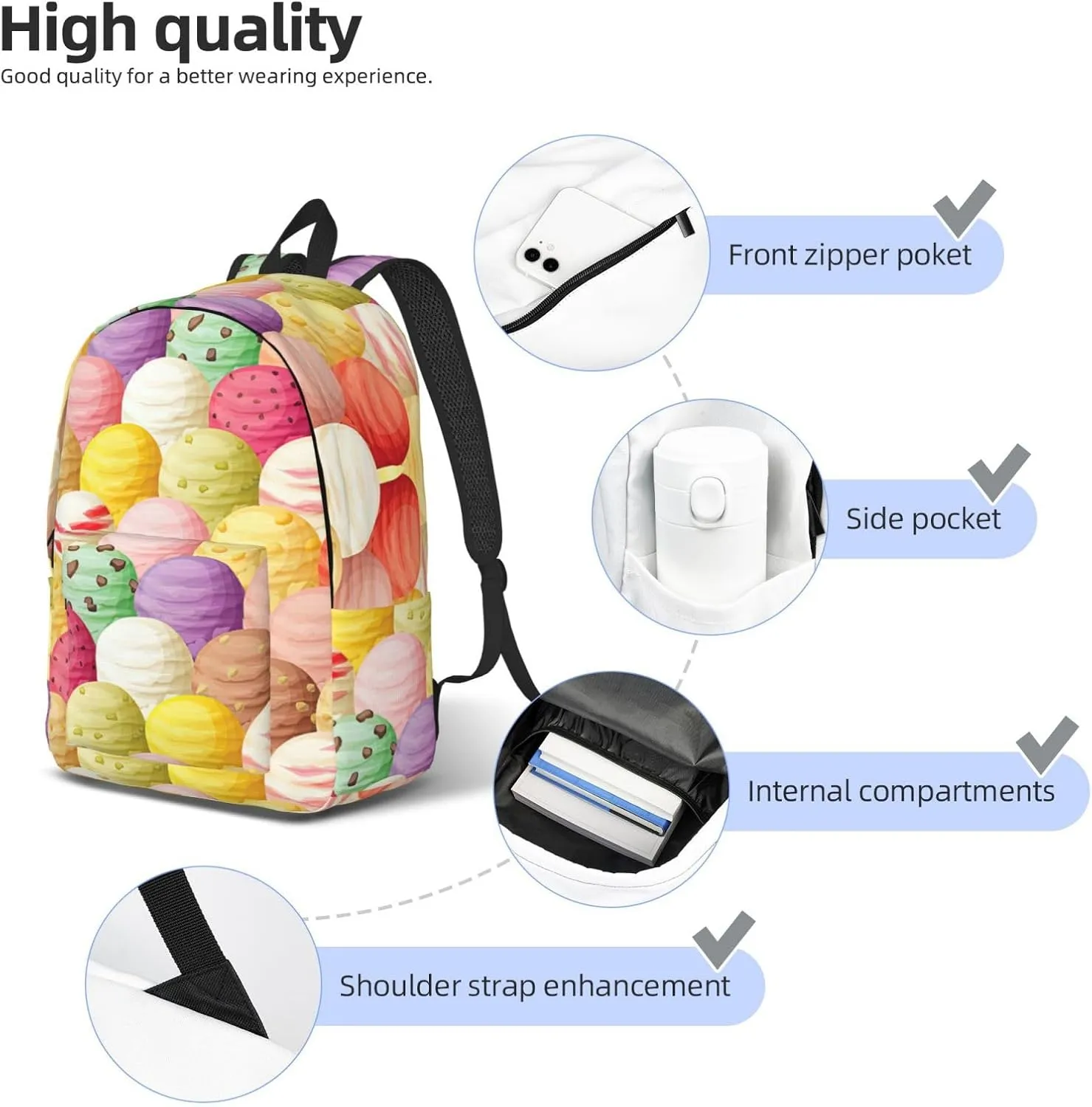 Ice Cream Print Canvas Backpack Women,Mens Travel Casual Daypack Bookbag For Laptop Work Travel Hiking
